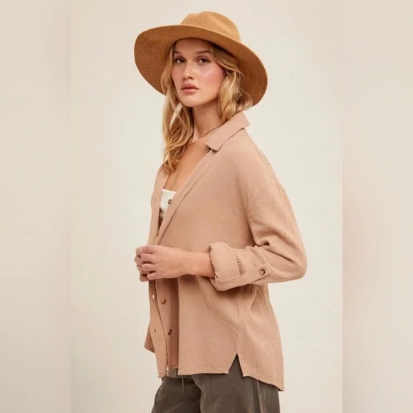 #H1 Crinkle Gauze Button Down Shirt 🤎 - Picture 3 of 4